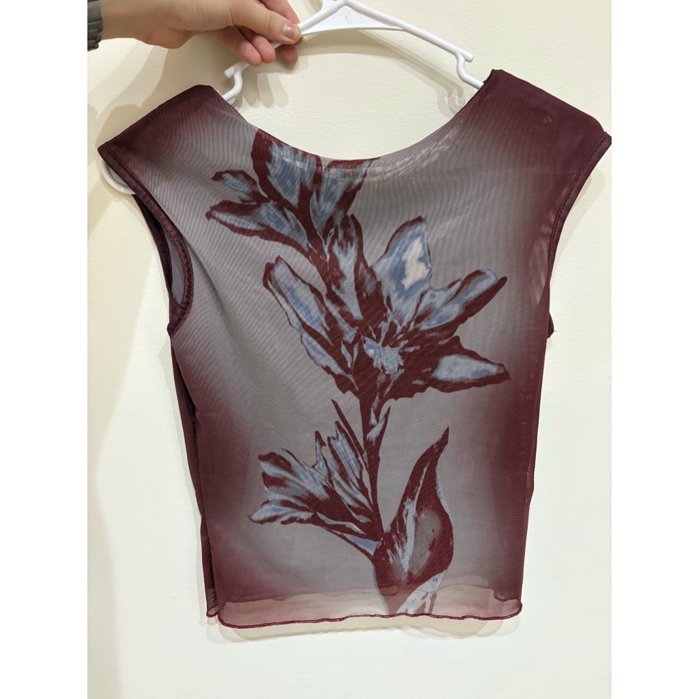 NEW 90s Vintage Inspired Sheer Mesh Floral Crop Top – Burgundy Size Small